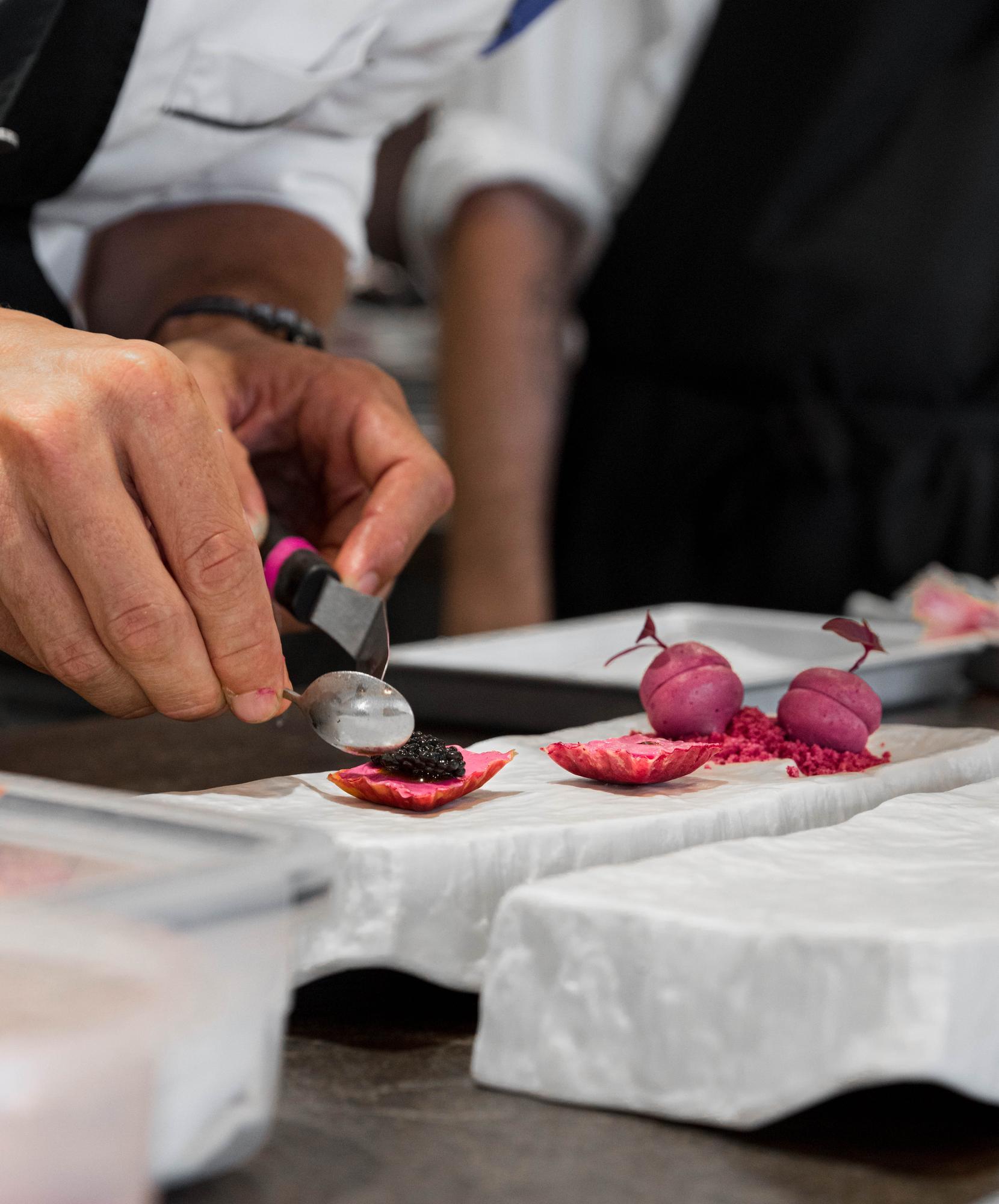 Chef arranging a plated course in a bright kitchen